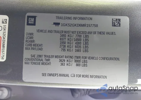 2021 GMC Yukon Xl 4Wd Slt из США, поврежденный, VIN 1GKS2GKD6MR157758